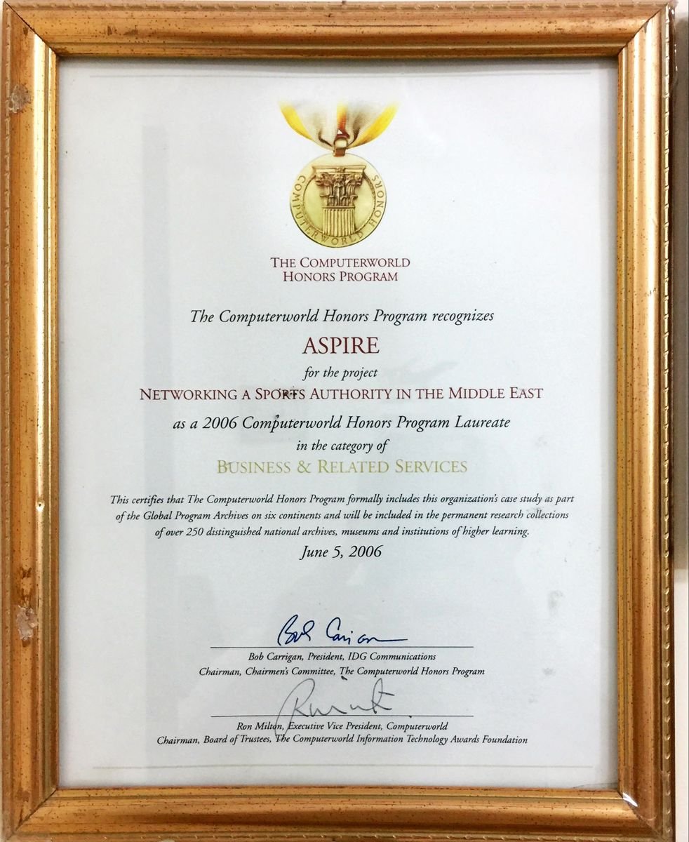 Computerworld Honors Program 2006 Laureate certificate for ASPIRE, Networking a Sports Authority in the Middle East