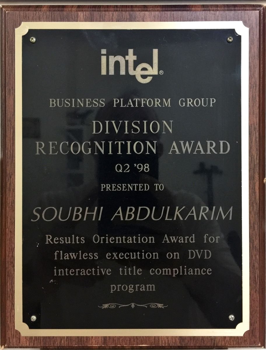 Intel Business Platform Group Division Recognition Award, Q2 1998, for the DVD interactive title compliance program